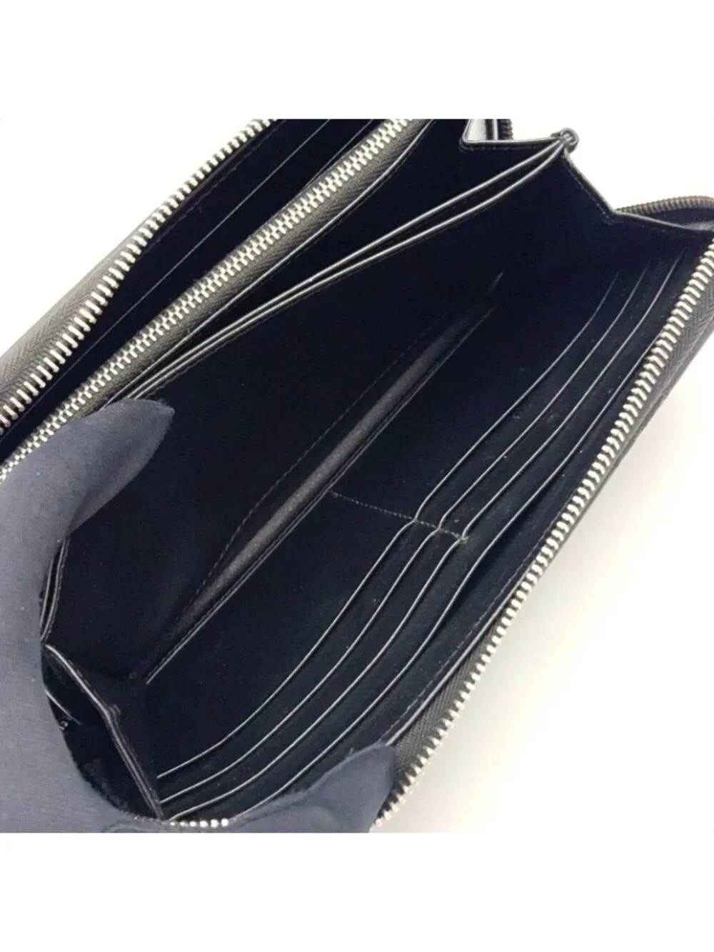 Prada Saffiano Embossed Logo Zip Around Leather Black Wallet Silver
